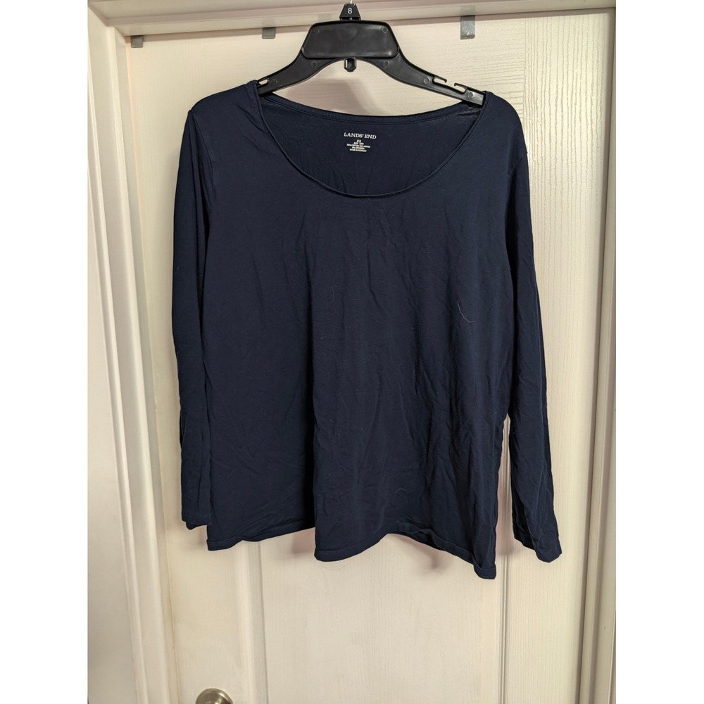 Lands End Womens 2X Navy Blue Scoop Neck Long Sleeve Cotton Blend T-Shirt Top